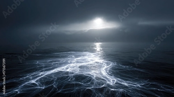 Fototapeta Dramatic Ocean Scene with Ethereal Light Effects and Moody Atmosphere Beneath Cloudy Sky
