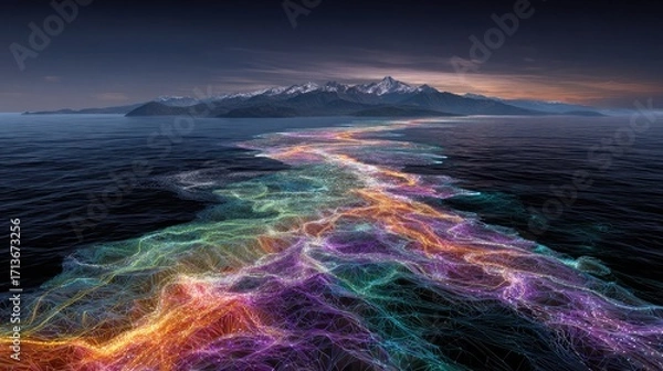 Fototapeta Colorful Light Trails Flowing Through Water Towards Snow-Capped Mountain Range at Twilight