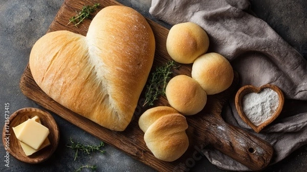 Fototapeta Freshly Baked Heart-Shaped Bread and Soft Rolls on a Wooden Cutting Board with Butter and Flour