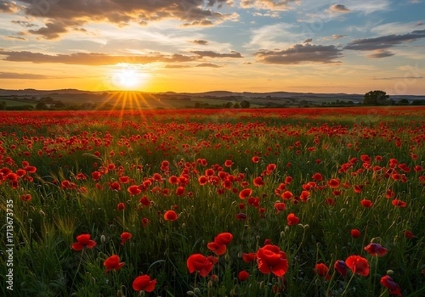 Obraz Golden hour light bathes a vibrant field of red poppies and green grass in a peaceful countryside setting
