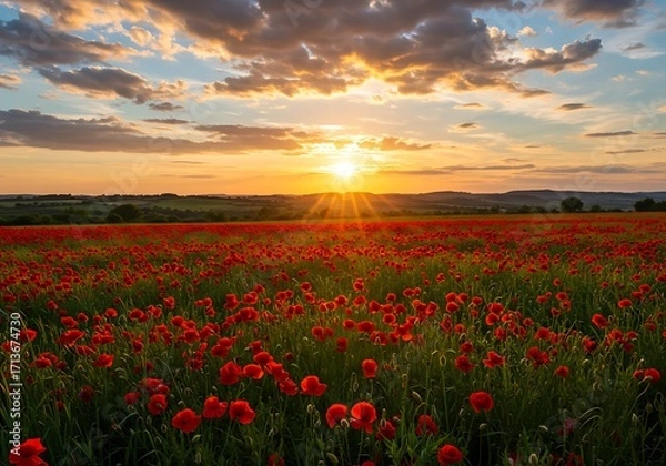 Obraz Golden hour light bathes a vibrant field of red poppies and green grass in a peaceful countryside setting