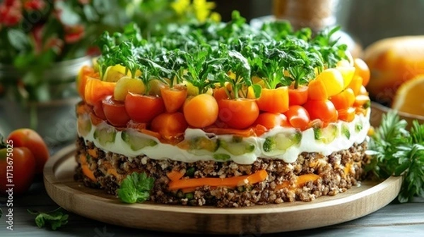 Fototapeta Multi-layered colorful vegetable "cake" with tomato, carrot, cucumber, and sprouts
