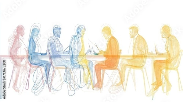 Fototapeta Outline of diverse people seated at a table, working or in a meeting, rendered with layered hues