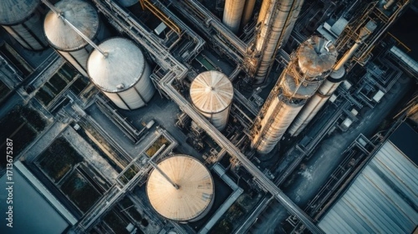 Fototapeta Overhead view of an industrial complex with cylindrical tanks, pipes, and towers in muted tones