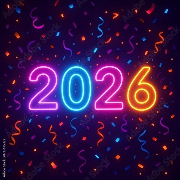 Fototapeta Neon glowing 2026 digits with confetti.