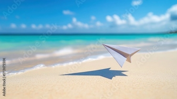 Fototapeta Paper airplane casts shadow on sandy beach with ocean waves and blue sky
