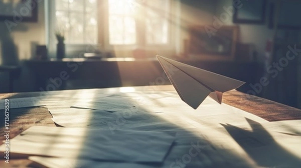 Fototapeta Paper airplane soaring over papers on a wooden table in a sunlit room, focus on the plane
