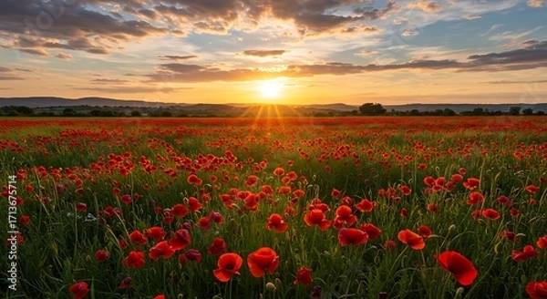Obraz Golden hour light bathes a vibrant field of red poppies and green grass in a peaceful countryside setting