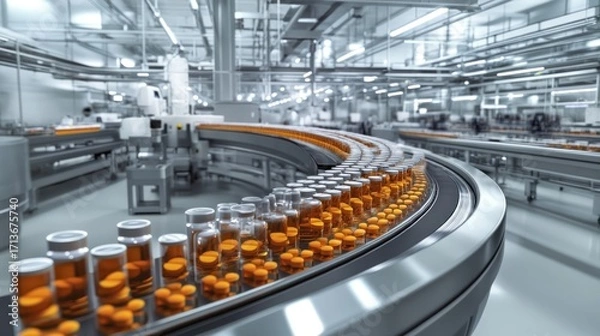 Fototapeta Pharmaceutical factory interior with automated production line, bottles on conveyor belt