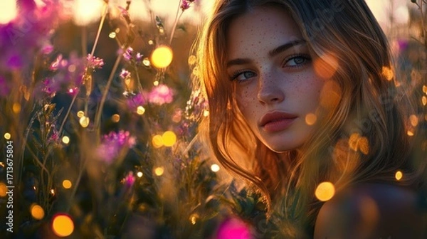 Fototapeta Portrait of a woman in a field of colorful wildflowers with soft, golden light