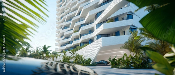 Obraz Facade Detail and Greenery: A detailed 3D rendering focusing on the building's textured white facade and striking blue accents