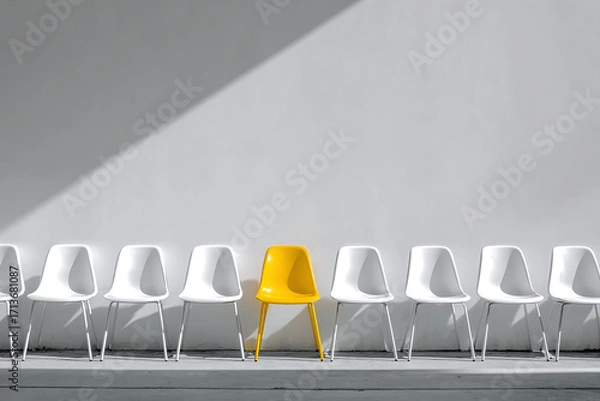 Obraz One bright yellow chair among identical white chairs in minimalist high-contrast setting, symbolizing uniqueness and innovation