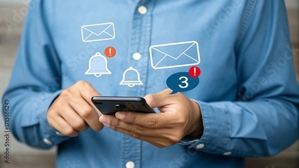 Fototapeta Man using smartphone with incoming email and notification icons overlay