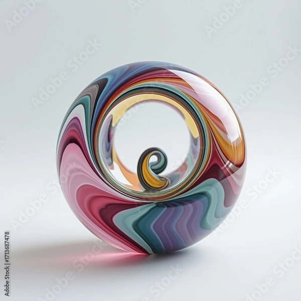 Fototapeta Abstract glass torus sculpture with vibrant swirling colors on light gradient background. AI generated.
