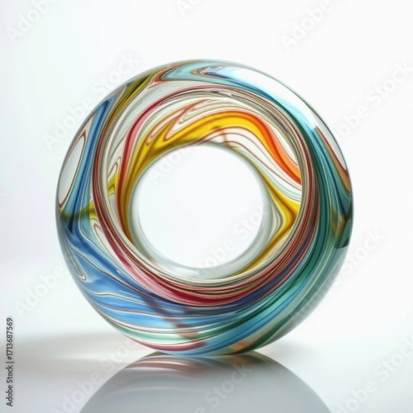Fototapeta Abstract glass torus sculpture with vibrant swirling colors on light gradient background. AI generated.
