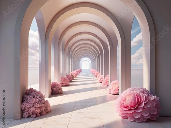Fototapeta Elegant Arched Hallway with Pink Flowers and Soft Light for Wedding or Event
