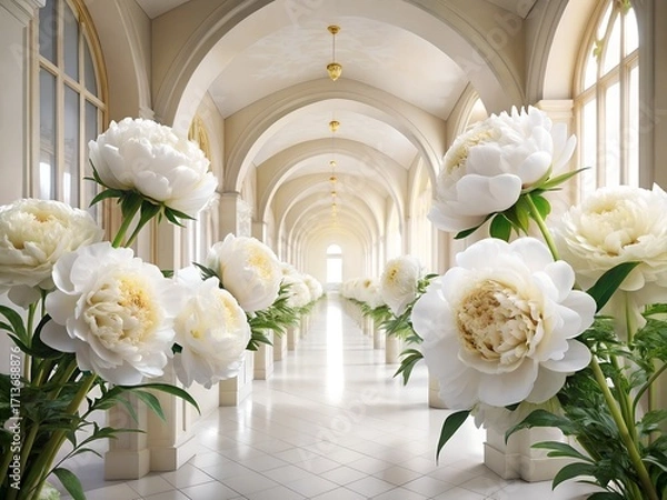 Fototapeta Elegant Hallway with White Peonies in Vases Leading to Bright Light