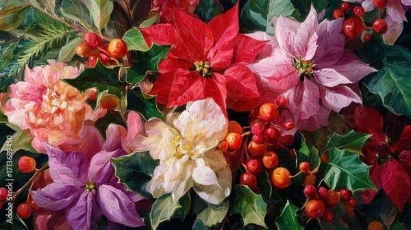 Fototapeta Beautiful floral arrangement featuring vibrant poinsettias and holly berries, creating festive atmosphere perfect for holiday season. rich colors evoke warmth and joy