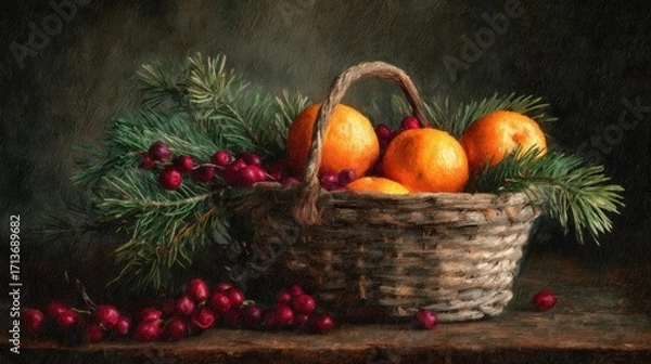 Fototapeta Beautiful still life featuring woven basket filled with vibrant oranges and red berries, surrounded by lush green pine branches, evoking warm, festive atmosphere