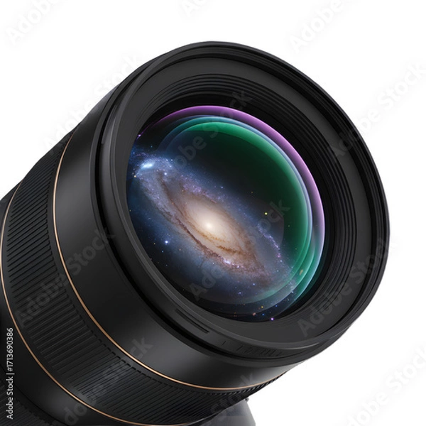 Fototapeta Camera lens reflecting the universe isolated on transparent background
