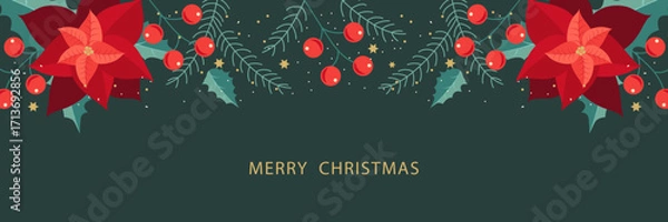 Fototapeta Christmas banner with poissettia, berries, and Christmas tree branches on a green background. Vector illustration.