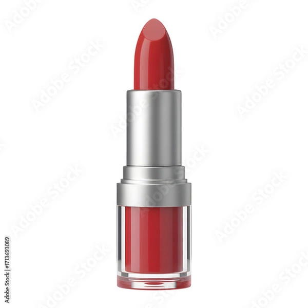 Fototapeta Red lipstick in a silver tube isolated on transparent background for makeup