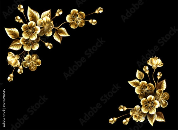 Fototapeta Corner frame with golden sakura