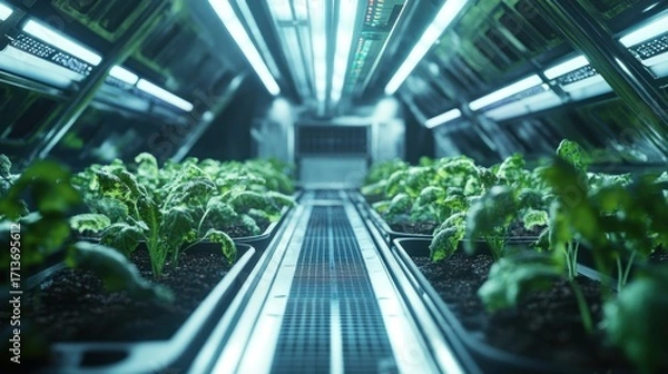 Fototapeta Rows of green plants thriving under fluorescent lights in a futuristic, enclosed, industrial space