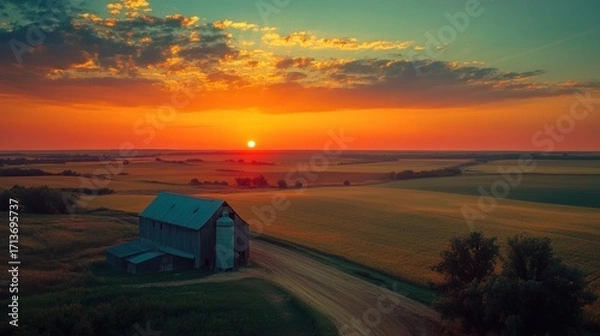 Fototapeta Rustic barn nestled in a field, bathed in warm light from a vibrant sunset