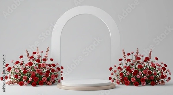 Fototapeta A minimalist 3D rendering of a white product podium with red and pink floral arrangements