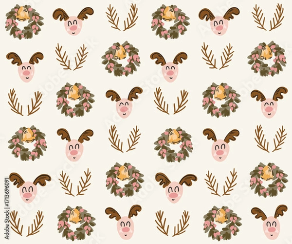Fototapeta Wreaths with bells, reindeers and branches forming a maximalist holiday pattern in colors of pink, green, yellow, brown on off white. Christmas seamless vector pattern. Great for home decor, fabric.