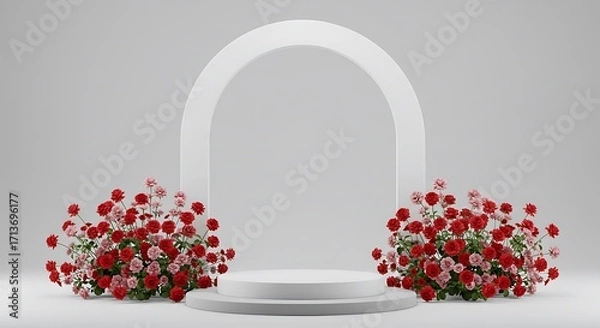 Fototapeta A minimalist 3D rendering of a white product podium with red and pink floral arrangements