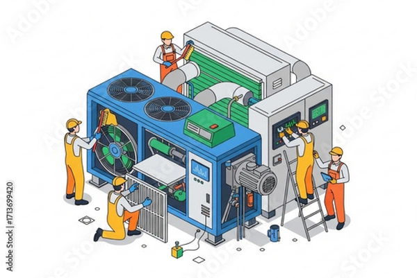 Fototapeta "Industrial HVAC System Servicing with Engineers Checking Controls and Cleaning Components"
