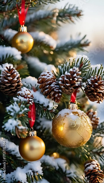 Fototapeta Golden Christmas baubles on snow-covered tree branches with red ribbons and winter sunlight. AI generated.
