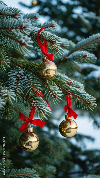 Fototapeta Golden Christmas baubles on snow-covered tree branches with red ribbons and winter sunlight. AI generated.
