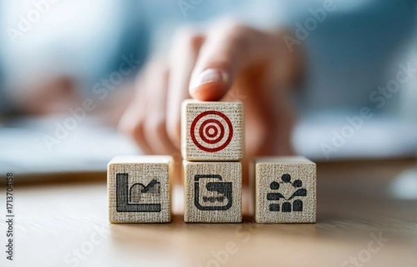 Fototapeta Stacking Wooden Blocks with Bullseye and Finance Symbols, Strategic Business Goals and Growth Concept for Corporate Planning and Development
