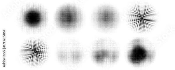 Fototapeta Halftone gradient circles collection. Dots textured round patterns. Cartoon comic radial faded background set. Abstract pixelated elements for frame, poster, collage, banner, flyer. Vector bundle