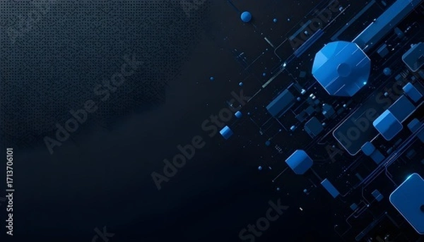 Fototapeta Trendy Composition of Blue Technical Shapes on Black Background with Dark Metallic Texture Design