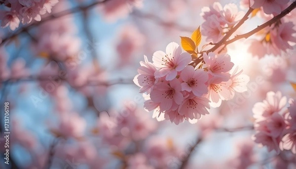 Fototapeta Cherry Blossom in Full Bloom with Sunlight and Defocused Spring Background in Wide Banner Format