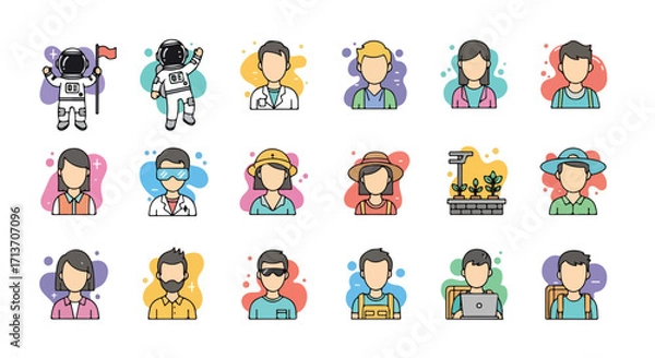 Fototapeta A diverse collection of character avatars representing various professions and occupations. Flat design vector icon set for web and mobile use