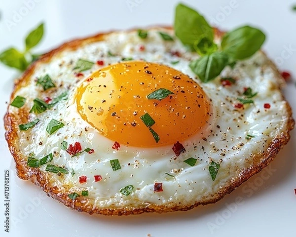 Fototapeta Fried egg with herbs and spices