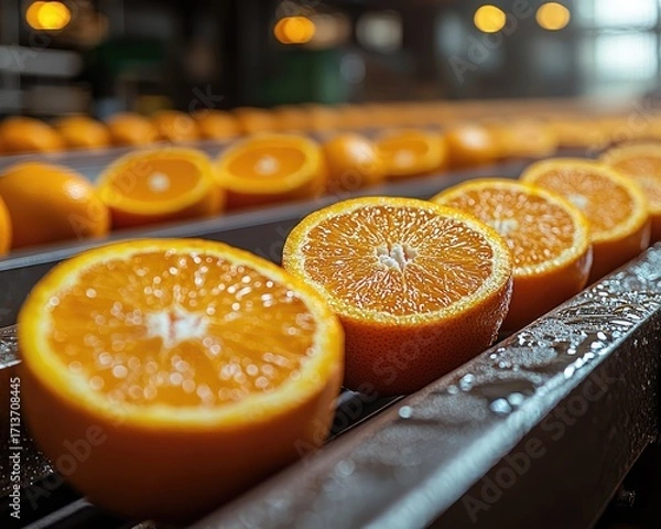 Fototapeta Sliced oranges on a conveyor belt in a food processing facility.  Bright, citrusy