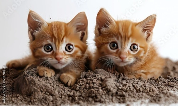 Fototapeta Two adorable ginger kittens resting in a pile of soil