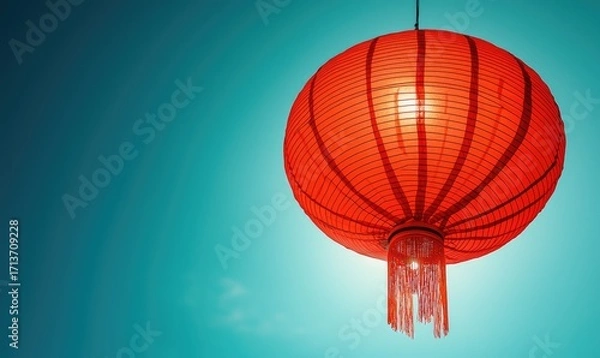 Fototapeta A vibrant red Chinese lantern hangs against a clear cerulean sky