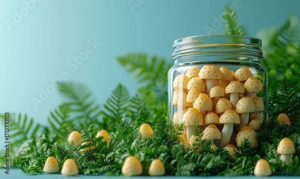 Fototapeta A glass jar filled with small, pale yellow mushrooms sits amidst greenery