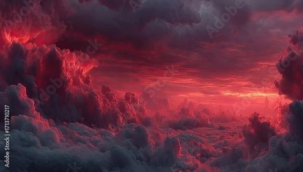 Obraz A fiery sunset paints a dramatic, crimson and grey cloudscape, viewed from above, with billowing textures and deep shadows