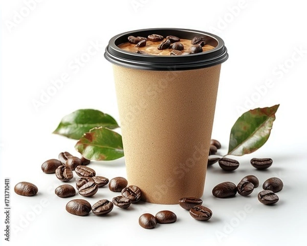 Fototapeta A disposable coffee cup filled with coffee, surrounded by coffee beans and leaves