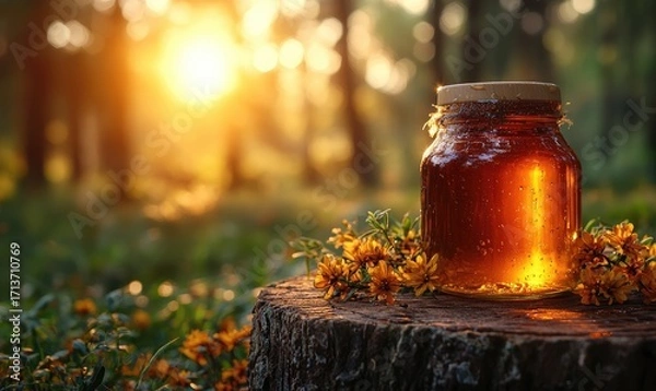 Fototapeta Honey jar on a tree stump at sunset