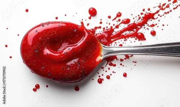 Fototapeta Red sauce on a spoon, splattered