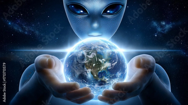 Fototapeta A futuristic alien holding the glowing Earth in its hands, symbolizing cosmic power, mystery, and the vast connection between extraterrestrial life and the universe.